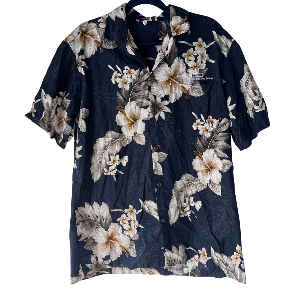 Pacific Legend Mens Hawaiian Shirt Navy Floral PCBS Embroidered Cotton USA